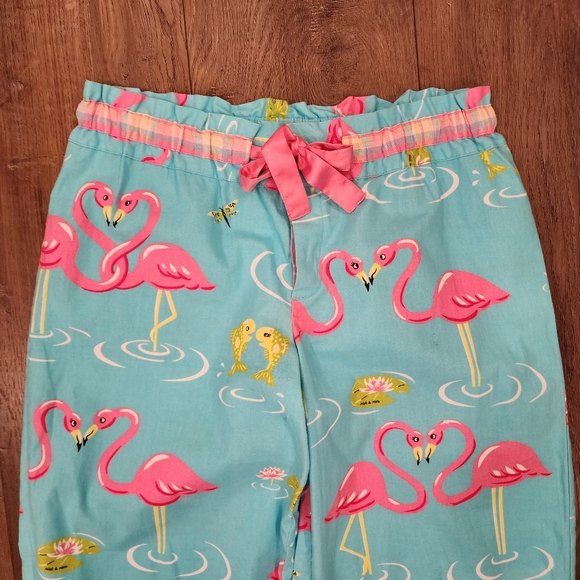 Nick & Nora Flannel Pajama Bottoms Flamingo Dragonfly Lilly Pad Plaid size Med - Picture 2 of 10